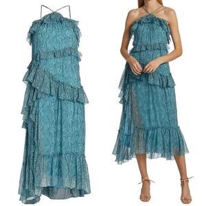 NEW Cinq a Sept Dress Womens 6 Blue Printed Midi Tiered Ruffle Rayner Halter
